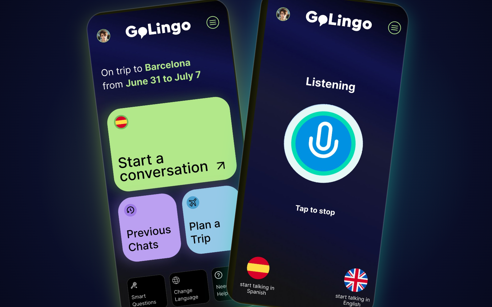 GoLingo app screens — conversation feed and listening state