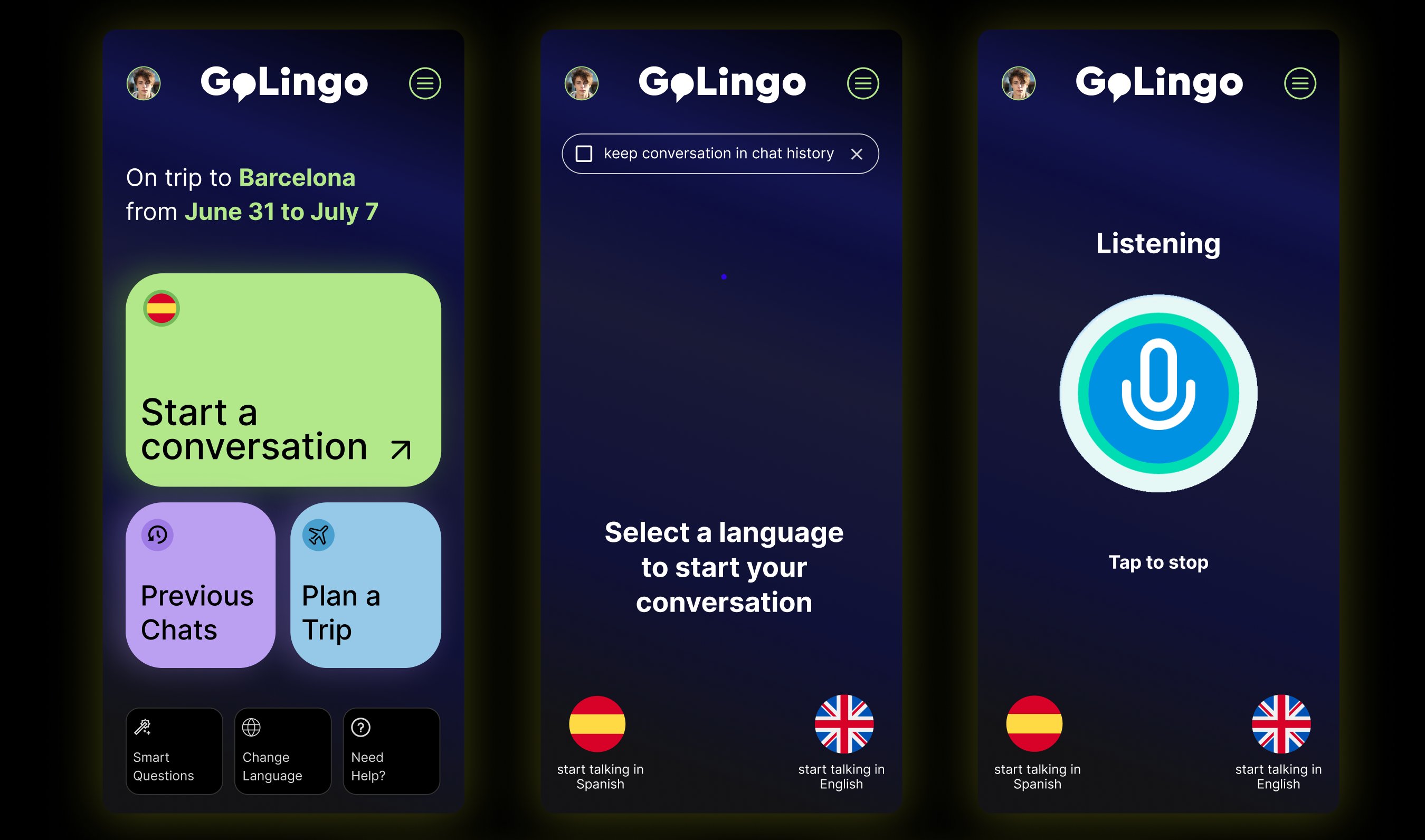 GoLingo concept screens — home, language select, listening