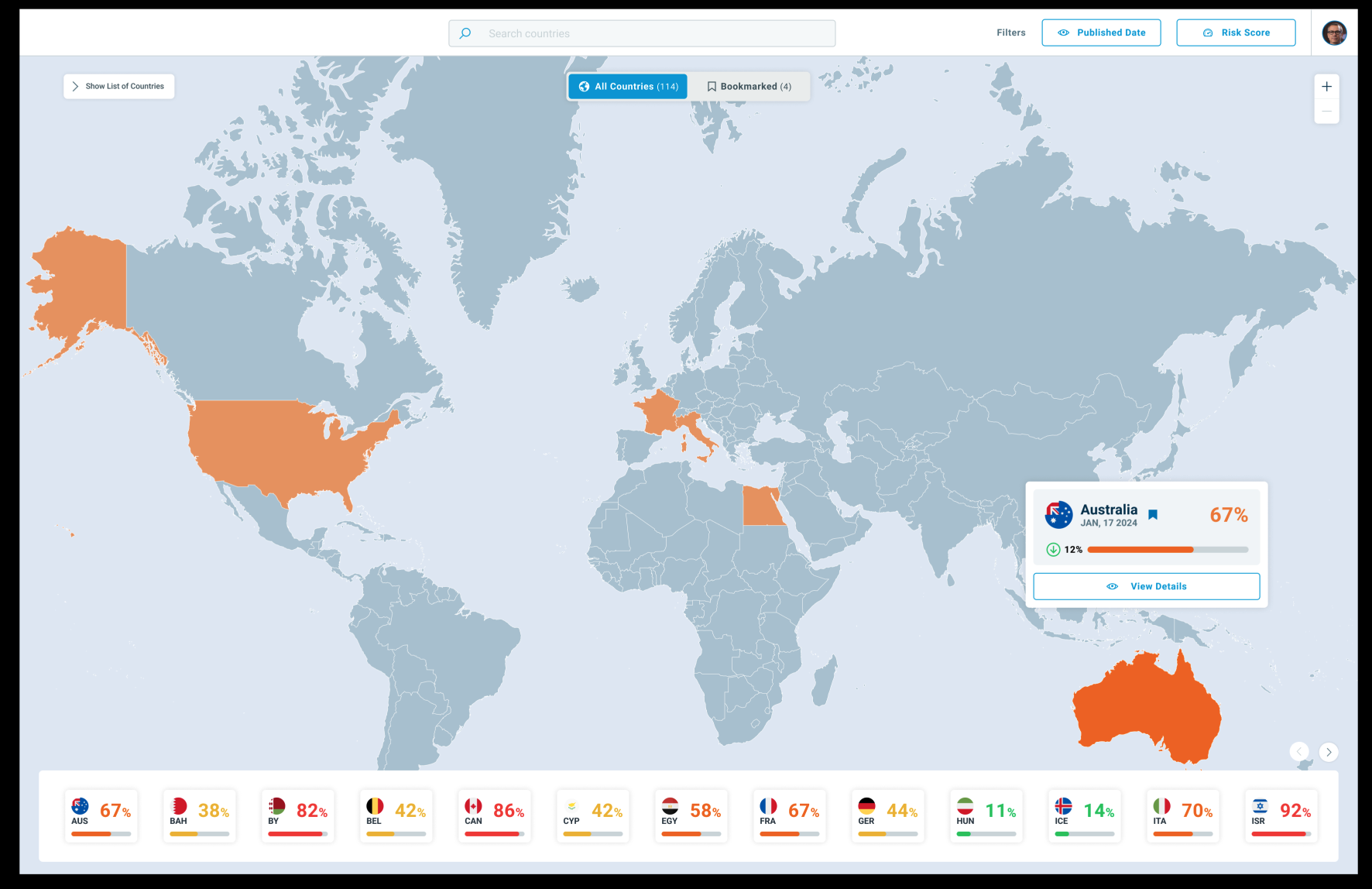 Map mode with a bottom strip of bookmarked country cards and a country hover summary popup
