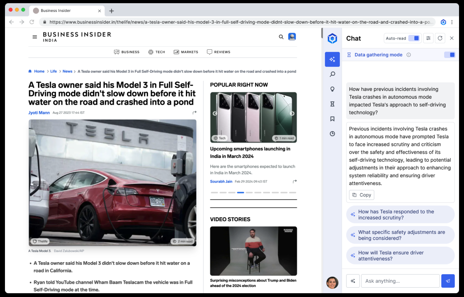 MindPeer extension answering a custom question grounded in the page